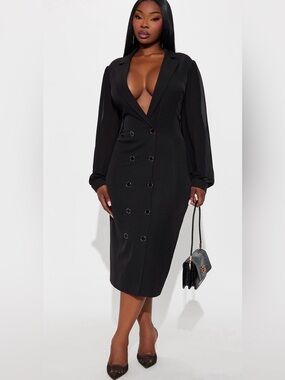 NWT Black Double-Breasted Long Sheer Sleeve Midi Dress